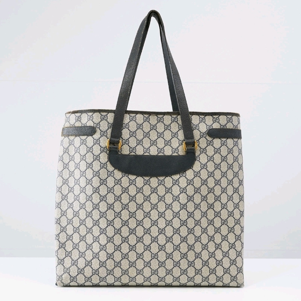 GUCCI GG Vintage Tote Big Shopper Rare Navy Leather Bag 39.02.061 Sherry Purse - Picture 2 of 16